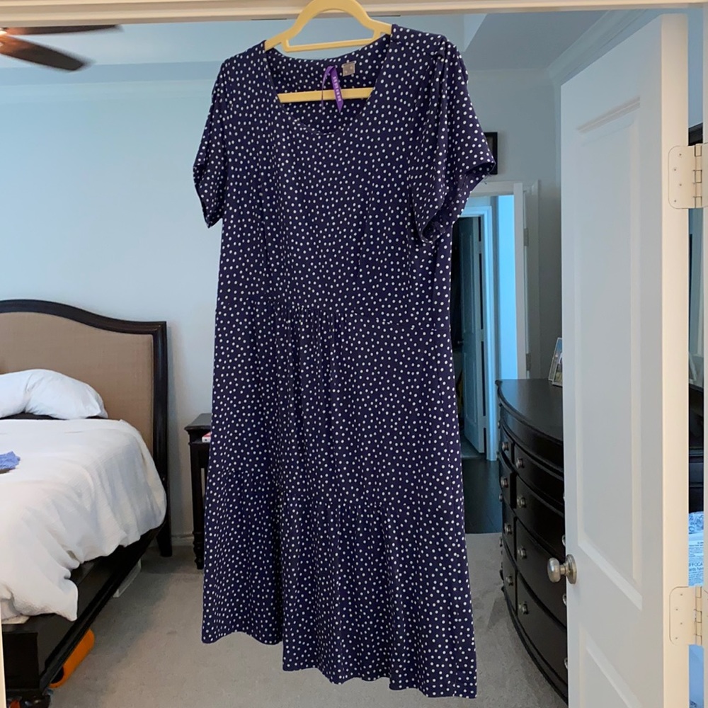 Seraphine Maternity navy blue polka dot dress